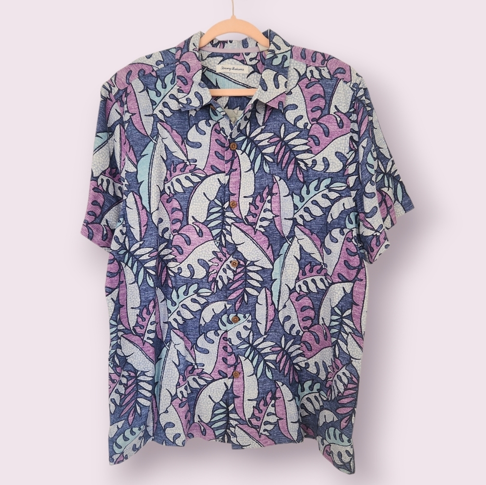 Tommy Bahama Tropical Leaves Silk Blend Button Up Shirt Hawaiian Blue‎ Purple